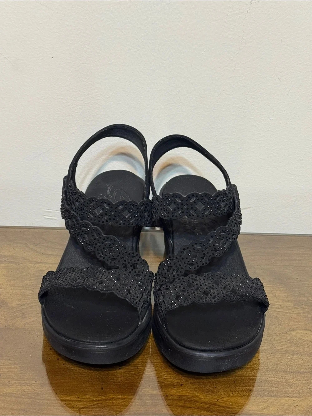Skechers Women's Black Crochet-Strap Wedge Sandals